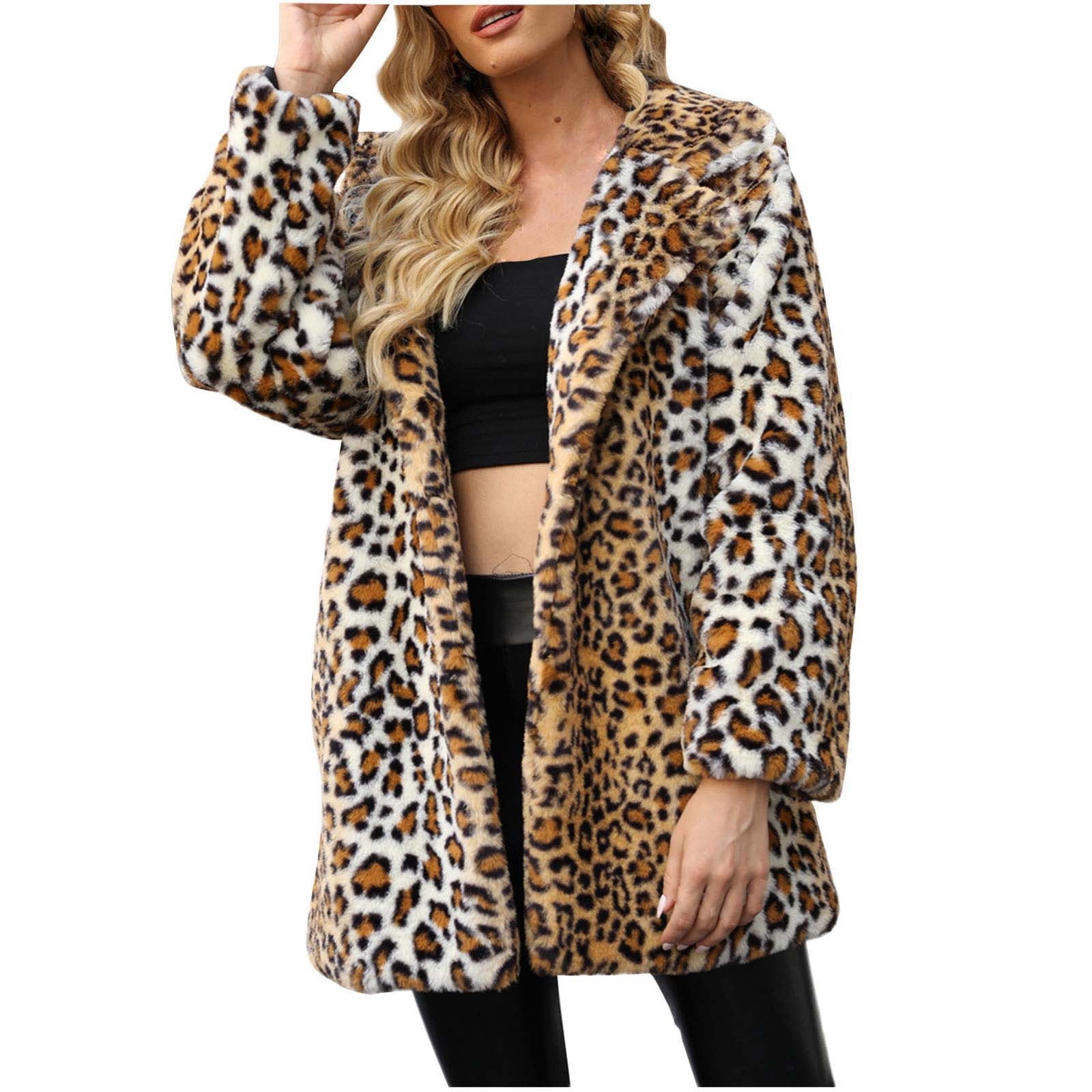 BiZtdJrK Prime Day Sales Womens Faux Fur Coats & Jackets Leopard Warm Faux Fur Sexy Coat Jacket
