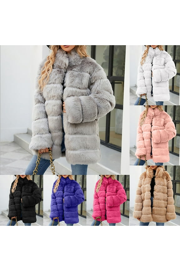 Women's Faux Fur Coat Shearling Fluffy Fuzzy Shaggy Long Sleeve Sherpa Winter Lined for Warmth Stand Collar Fleece Jacket Black M