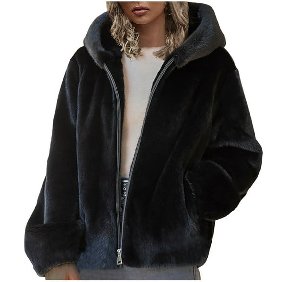 BiZtdJrK Prime By Hour Women's Faux Fur Fleece Coat Spring and Winter Trendy Thick Warm Outerwear Long Sleeve Shearling Fuzzy Furry Jacket with Hood Black 4XL