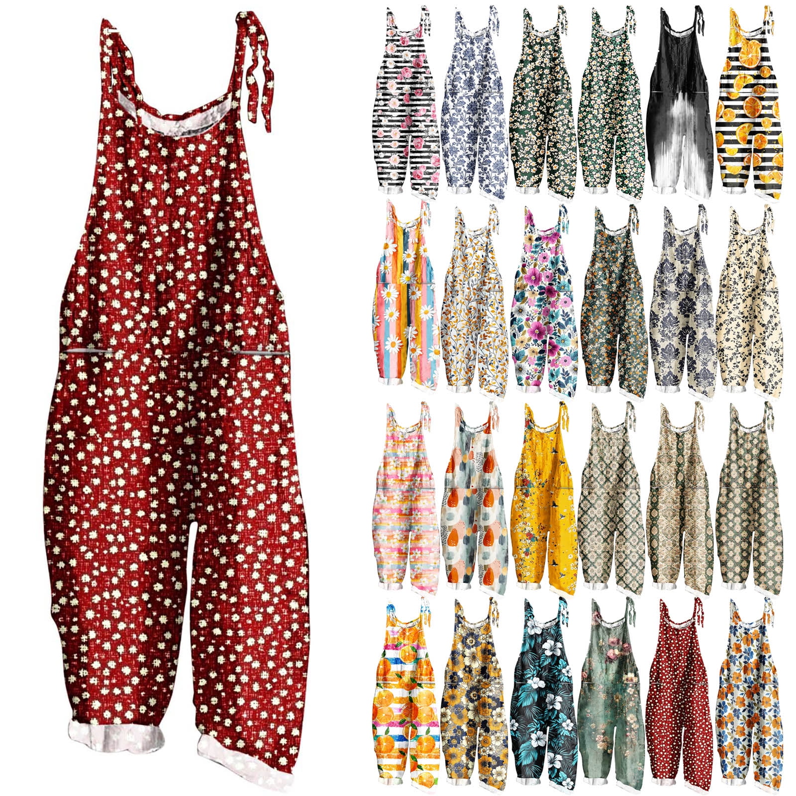 Women's Cotton Linen Wide Leg Jumpsuit - Sleeveless Baggy Overalls With Pockets, Adjustable Straps