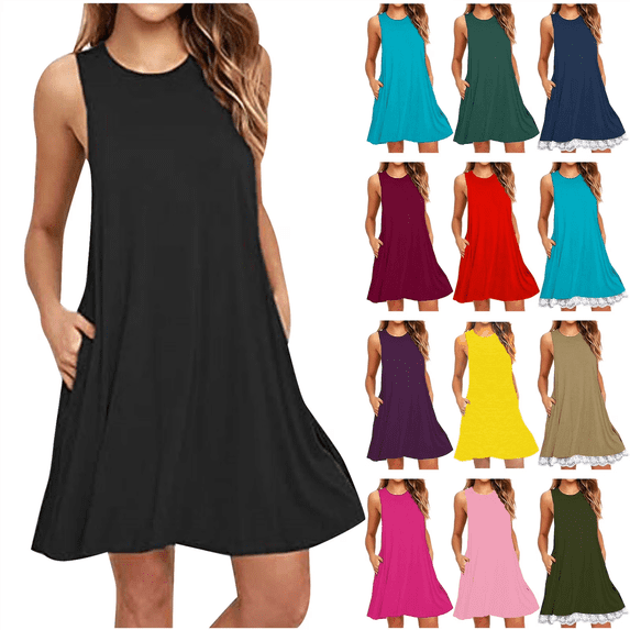 BiZtdJrK Summer Dresses for Women Casual Tshirt Sundress Sleeveless Cover Up Boho Tank Dress with Pockets Beach Vacation Clothes Hot Pink M