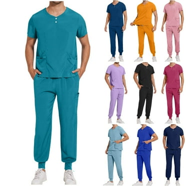 BiZtdJrK Prime Sales of The Day Men Scrubs Set Casual Button Henley Neck Scrub Tops and Drawstring Jogger Pant 2 Piece Sets Solid Color Nursing Uniform with Pockets Black XXL