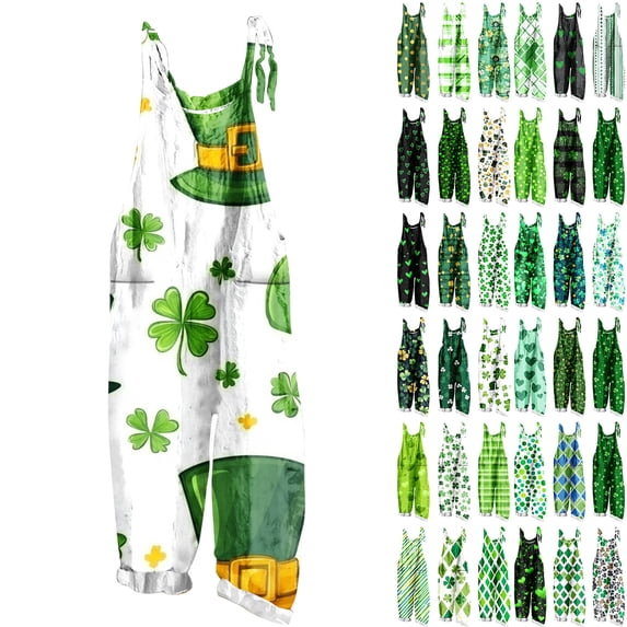 BiZtdJrK Prime Sales of The Day, St Patricks Jumpsuits for Women 2025 Funny Printed Cute Holiday Rompers Summer Casual Adjustable Strap Cotton Linen Overalls with Pockets Green XXXXL