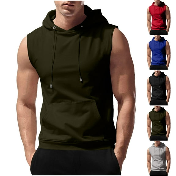 BiZtdJrK Mens Workout Hooded Tank Tops Sleeveless Gym Training Sports Hoodies Bodybuilding Cut Off Muscle T Shirt with Pocket Army Green M