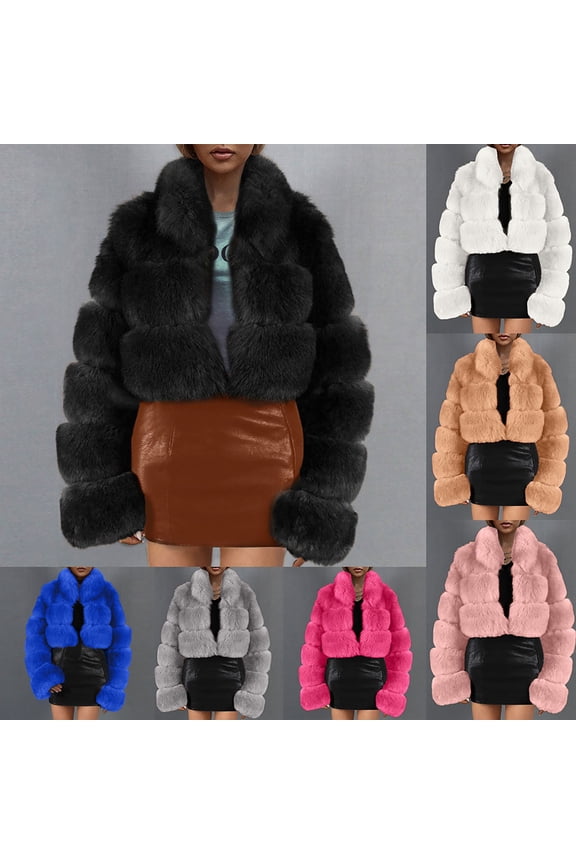 Prime Today Women Fluffy Faux Fur Coat Long Sleeve Cropped Puffer Jacket Open Front Winter Warm Fuzzy Teddy Coats Black M