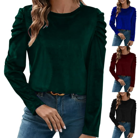 BiZtdJrK Puff Long Sleeve Shirts for Women Velvet Crew Neck Pullover Solid Color Casual Comfy Blouse Tops, Wine, S