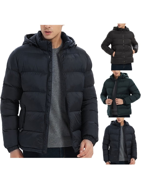 Puffer Jacket Men Full Zip Winter Warm Coat with Detachable Hood Outdoor Quilted Jackets, Black, XL