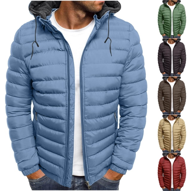 BiZtdJrK Puffer Jackets for Men Zip Up Long Sleeve Hooded Jacket Winter Lightweight Quilted Down Coats with Pockets, Coffee, XXXL
