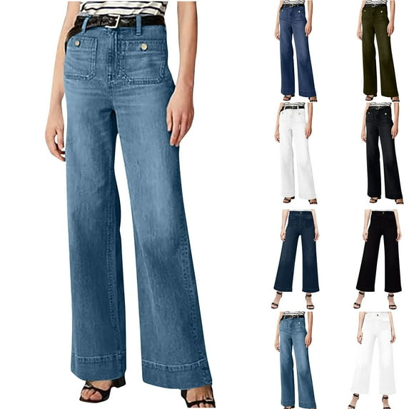 BiZtdJrK Pull On Womens Jeans Casual Stretchy High Waisted Denim Trousers Baggy Wide Leg Jean Pant Solid Lounge Pants with Pockets Sale of The Day Clearance White 3XL