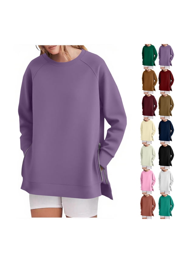 Pullover Sweatshirts for Women Side Zipper Split Long Sleeve Crewneck Sweatshirt Loose Fit Solid Casual Tops Purple L
