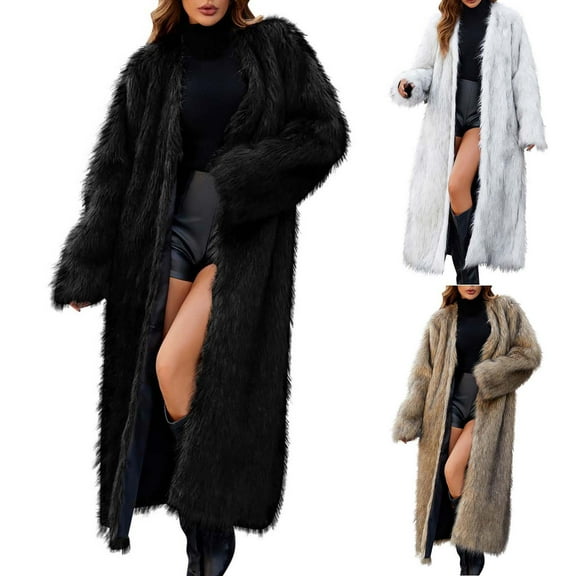 BiZtdJrK Purses For Women Clearance Women's 2024 Winter Faux Fur Coats Long Sleeve Lapel Fuzzy Overcoat Fluffy Loose Open Front Long Jackets Warm Outerwear Brown XXL