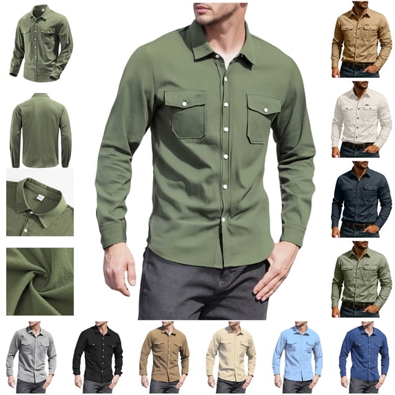 BiZtdJrK Quick Dry Cargo Shirts for Men Big and Tall Long Sleeve Work Tops Outdoor Casual Button Down Blouse with Pockets, Brown, S