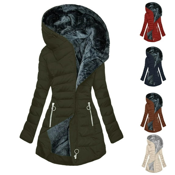 BiZtdJrK Quilted Jackets for Women Winter Warm Fleece Lined Long Puffer Jacket Casual Full Zip Hooded Parka Outwear with Pockets 90% off Clearance Sale Navy S