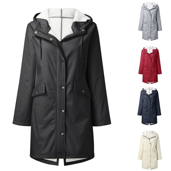 BiZtdJrK Rain Jackets for Women Waterproof with Fleece Lining Solid Color Hooded Long Raincoat Outdoor Hiking Zip Up Trench Coats 90 off Clearance Sale Red M