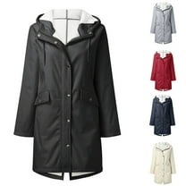 BiZtdJrK Rain Jackets for Women Waterproof with Fleece Lining Solid Color Hooded Long Raincoat Outdoor Hiking Zip Up Trench Coats Prime Sales Today Clearance Black L