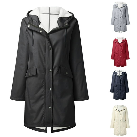 BiZtdJrK Rain Jackets for Women Waterproof with Fleece Lining Solid Color Hooded Long Raincoat Outdoor Hiking Zip Up Trench Coats Prime Sales Today Clearance Black L