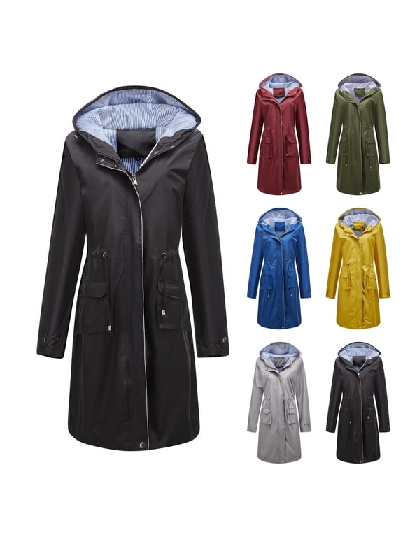 Raincoat Women Waterproof Long Hooded Trench Coats Casual Full Zip Drawstring Waist Windbreaker Solid Travel Jacket with Pockets Back to College Sales Yellow L