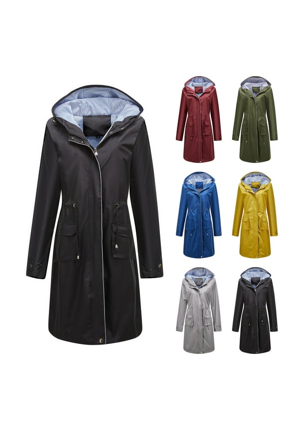 Raincoat Women Waterproof Long Hooded Trench Coats Casual Full Zip Drawstring Waist Windbreaker Solid Travel Jacket with Pockets Back to College Sale Wine M