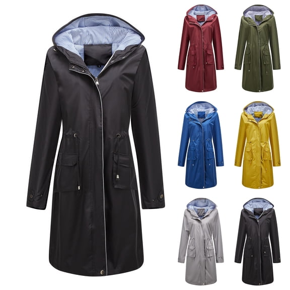 BiZtdJrK Raincoat Women Waterproof Long Hooded Trench Coats Casual Full Zip Drawstring Waist Windbreaker Solid Travel Jacket with Pockets Lightning Sales Today Gray 3XL