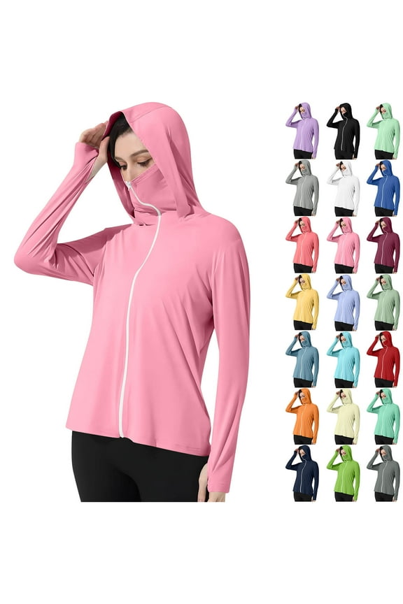 BiZtdJrK Rash Guards Sun Protection Clothing for Women Full Zip Workout Hoodie Jackets Slim Fit Hooded Athletic Yoga Lightweight Jacket with Thumb Holes Black XL Gifts for Mom