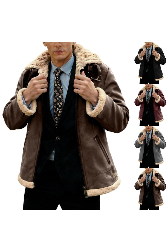 BiZtdJrK Red Men's Suede Jacket Warm Fleece Lined Winter Coats Full Zip Lapel Collar Motorcycle Trucker Jackets with Pockets L