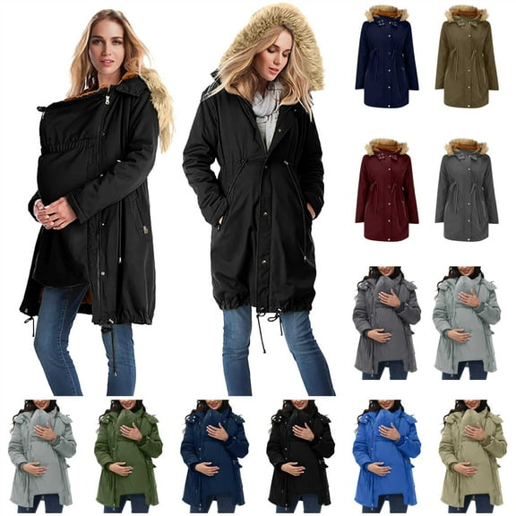 BiZtdJrK Red Warm Maternity Jacket for Mom Winter Clothes Long Sleeve Quilted Lined Warm Hooded Coats with Pockets S