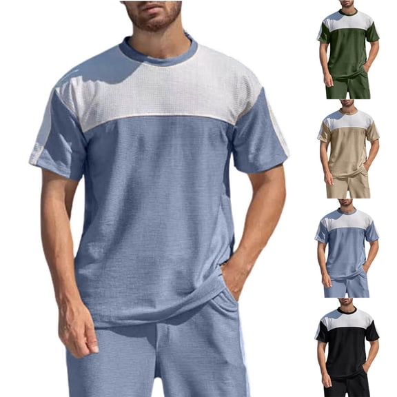BiZtdJrK Regular Fit T Shirts for Men Color Block Waffle Knit Short Sleeve Summer Tee Tops Round Neck Breathable Casual Tees Gray S