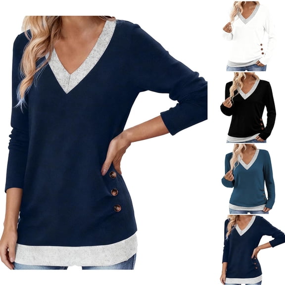 BiZtdJrK Regular Fit T Shirts for Women V Neck Long Sleeve Casual Spring Blouse Color Block Fashion Pullover Tops with Buttons Blue S