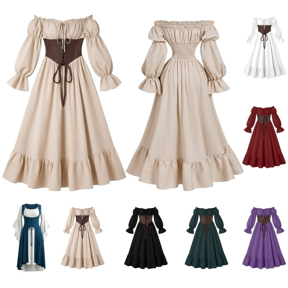 BiZtdJrK Renaissance Dress Women Lace Up Vintage Corset Dress Colorblock Square Neck Batwing Sleeve Medieval Peasant Dresses Blue M
