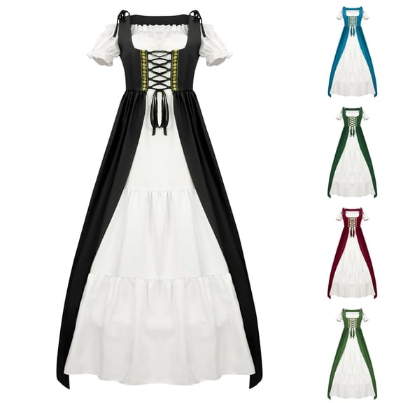 BiZtdJrK Renaissance Dress for Women Short Sleeve Victorian Medieval Dresses Lace Up Corset Maxi Dress Cold Shoulder Halloween Vintage Gown Army Green L