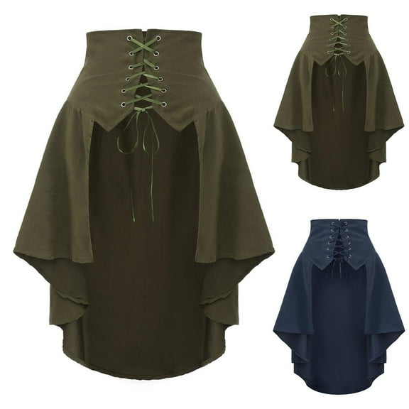 BiZtdJrK Renaissance Skirt for Women Victorian Lace Up Adjustable Waist Corset Skirts Halloween High Low Pirate Costume, Green, L