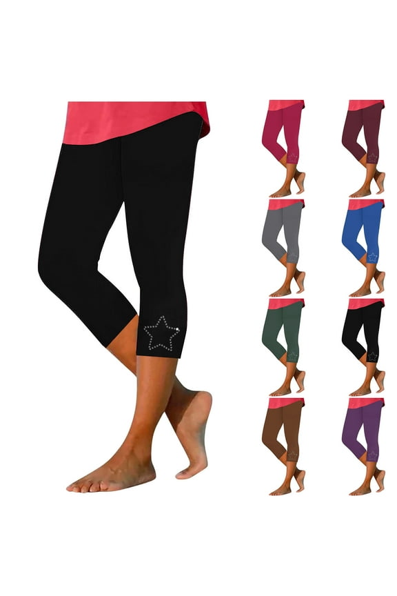 Rhinestone Capri Leggings for Women High Waisted Casual Beach Capris Buttery Soft Solid Summer Leggings sales today clearance Wine XL