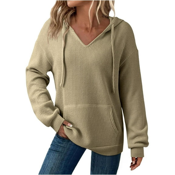 BiZtdJrK Ribbed Knit Hoodie Sweatshirt Women V Neck Drawstring Pullover Tops Lightweight Comfy Lounge Sweatshirts Beige XXL