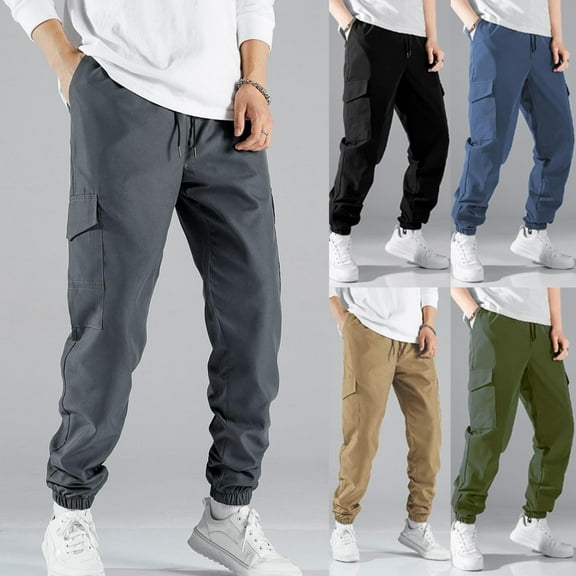 BiZtdJrK Ripstop Cargo Pants for Men Drawstring Elastic Waist Gym Workout Joggers Relaxed Fit Sport Travel Trousers with Multi Pockets Black XL