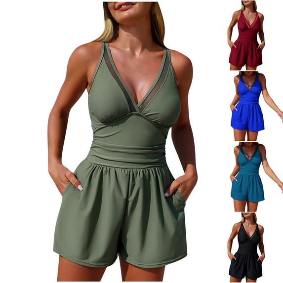 BiZtdJrK Romper Swimsuits for Women Tummy Control Full Coverage One Piece Bathing Suit Adjustable Spaghetti Straps V Neck Beach Summer Swimwear with Pockets Army Green M