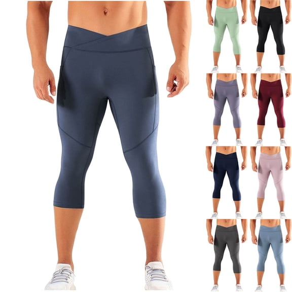 BiZtdJrK Running Leggings for Men Cross High Waist Compression Capri Legging Quick Dry Stretch Yoga Workout Tight Capris Gray XXL