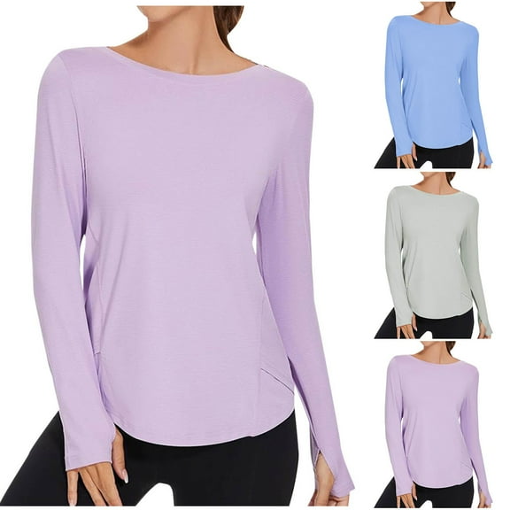 BiZtdJrK Running Tops for Women Boat Neck Long Sleeve Workout T Shirts Lightweight Quick Dry Hiking Outdoor Top with Thumb Hole Blue M