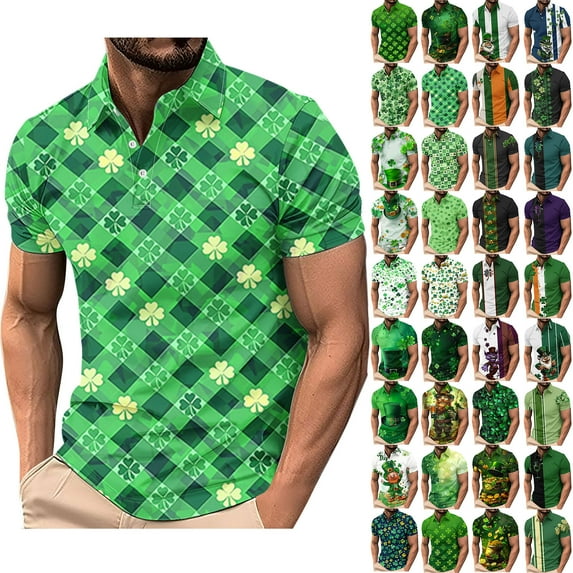 BiZtdJrK on Sale Clearance, Mens St Patricks Day Polo Tshirts Novelty Wine Glass Graphic Golf Tops Casual Button Lapel Short Sleeve Tennis Shirts 2025 Vacation Outfits Multicolor L
