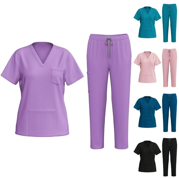 BiZtdJrK Sale of The Day Prime Today Scrubs for Women Casual Short Sleeve V Neck Tshirts and Drawstring Elastic Waist Scrub Pants 2 Piece Outfits Quick Dry Nurse Medical Uniform Purple M