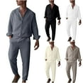 thumbnail image 1 of BiZtdJrK Mens 2 Piece Cotton Linen Outfits Long Sleeve Button Down Casual Shirts and Lounge Pants Summer Vacation Sets with Pockets Beige M, 1 of 7
