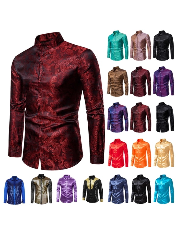 Sales of The Day Men's Shiny Satin Dress Shirts Slim Fit Long Sleeve Lapel Business T-Shirt Solid Color Button Down Wedding Party Prom Shirt Navy M