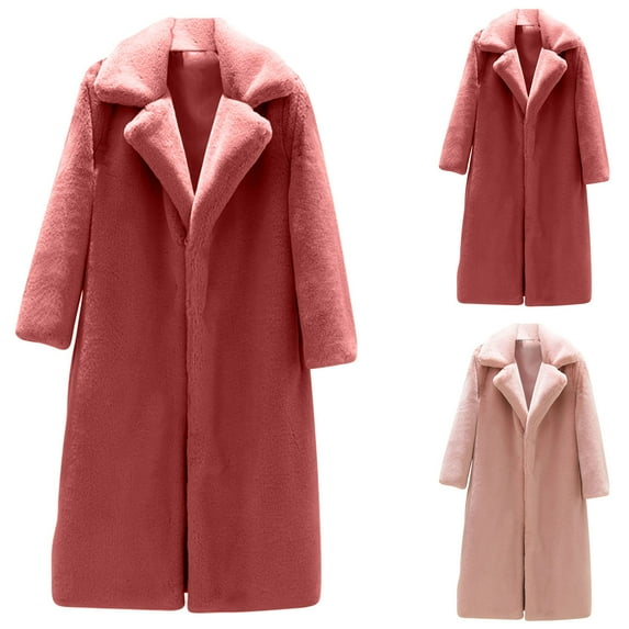 BiZtdJrK Sales Of The Week Womens Winter Clothes 2025 Fuzzy Fleece Lapel Open Front Long Cardigan Coat Faux Fur Warm Outwear Jackets Pink L