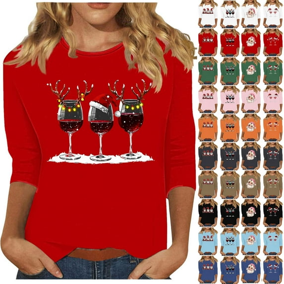 BiZtdJrK 3/4 Sleeve Shirts for Women Christmas Gnomes Printed Tee Shirts Casual Round Neck Pullover 2024 Fall Going Out Tops Black M