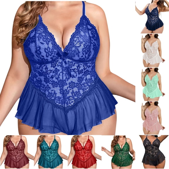 BiZtdJrK Plus Size Lingerie for Women Lace Bodysuit Deep V Neck Ruffles One Piece Rompers Summer Hollow Out Pajamas Green L