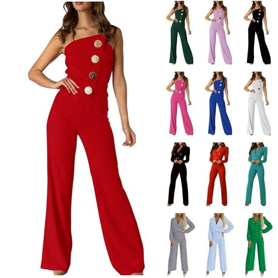 BiZtdJrK Women's Business Casual Outfits Sleeveless Button Tube Jumpsuit Solid Color Back Zip Onesies Flared Pants, Purple, M