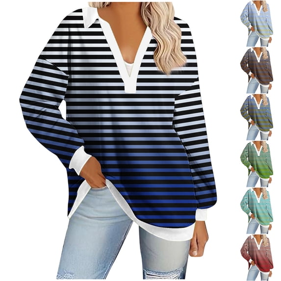 BiZtdJrK Sales of the Week Long Sleeve Shirts for Women Outdoor Loose V Neck Tunic Tops Trendy Stripe Lapel Pullover Blouse Fall Casual Going Out Clothes Mint Green L
