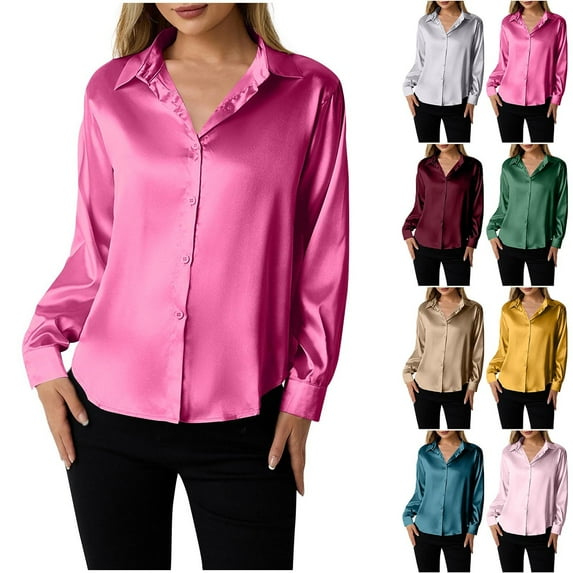 BiZtdJrK Satin Silk Button Down Shirts for Women Solid Long Sleeve Dressy Casual Collar Blouse Lightweight Soft Fall Blouse Tops Green S