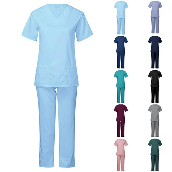 BiZtdJrK Scrub 2 Piece Outfits for Women Short Sleeve V Neck Scrubs Tops and Pants Sets Stretch Nursing Uniform with Pockets Gray S