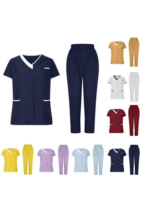 Scrub Sets for Womens Short Sleeve V Neck Tunic Tops and Pants 2 Piece Outfits Medical Nursing Uniform Set with Pockets Birthday Gift Sky Blue M