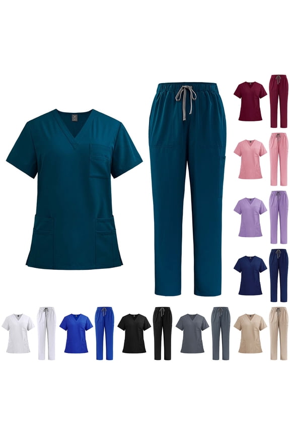 Scrubs Set for Women V Neck Short Sleeve Scrub Tops and Drawstring Pants Two Piece Sets Lightweight Nurse Uniform with Pockets Birthday Gift Black L
